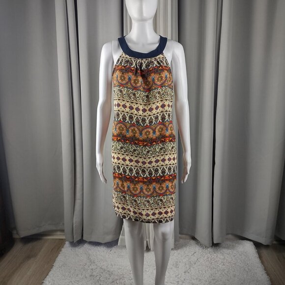 A. Byer Sleeveless Boho Print Shift Dress Navy Trim Keyhole Back Size M - Picture 2 of 13